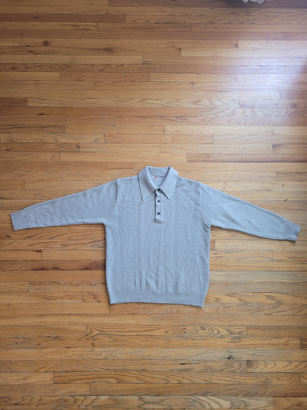 Vtg 1970s Dagger Collar Knit Sweater Polo | Gray Textured Mod Disco Shirt